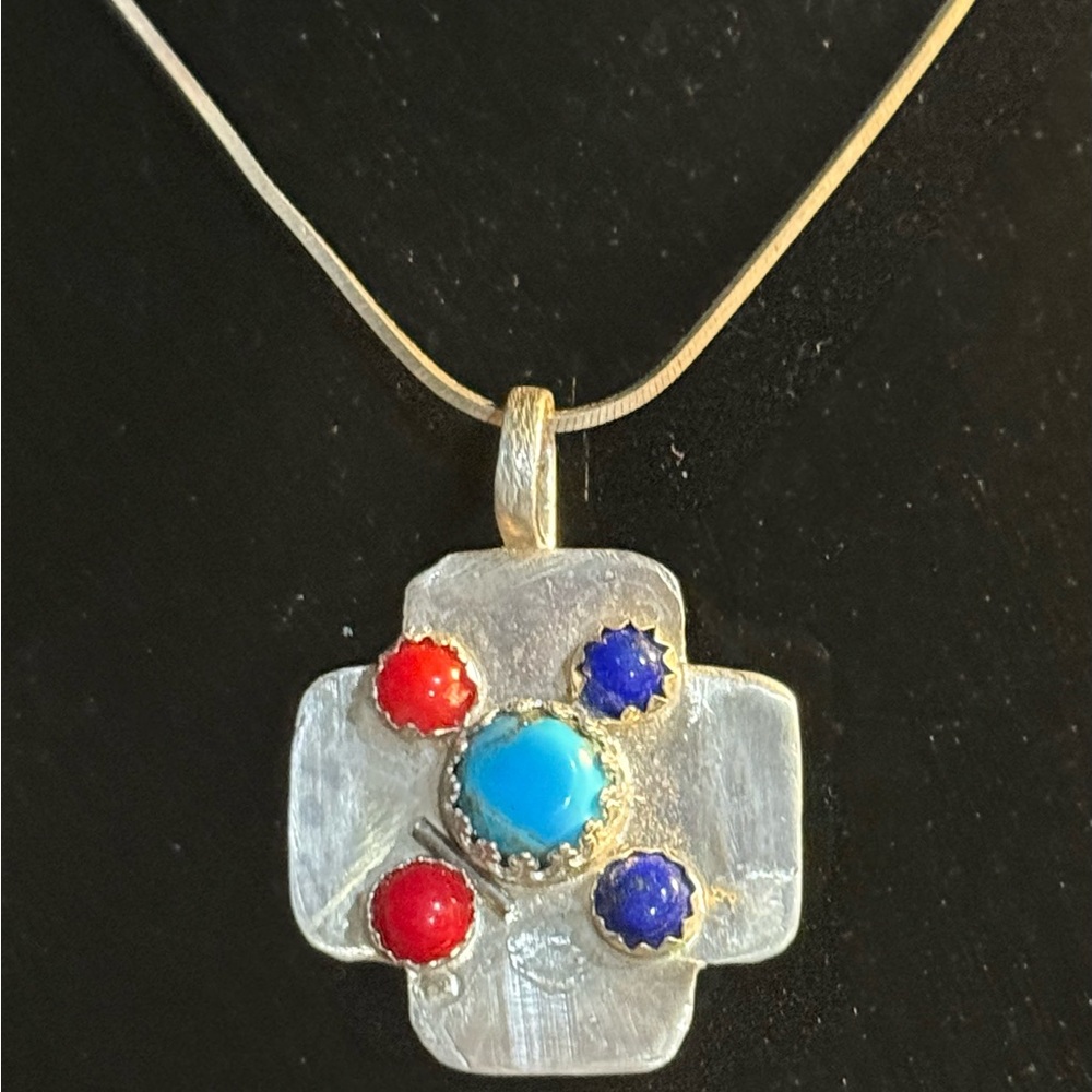 Silver Pendant Necklace with Red, Blue, and Turquoise Accents